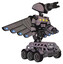 Bot containing gatling gun face design and light chest exoshielding and yellow chest lights and cherub wings design and six-wheeler base. Dark sketch. Facing left view.