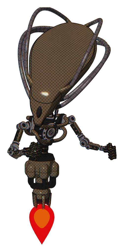 Bot containing flat elongated skull head and cables and light chest exoshielding and no chest plating and jet propulsion. Light brown halftone. Fight or defense pose..
