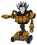 Automaton containing humanoid face mask and die robots graffiti design and heavy upper chest and chest energy sockets and six-wheeler base. Worn construction yellow. Arm out holding invisible object..