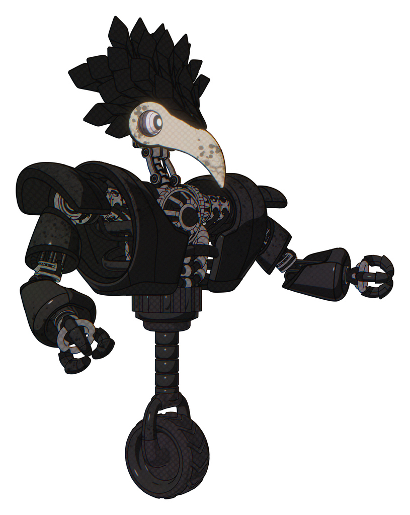 Automaton containing bird skull head and white eyeballs and crow feather design and heavy upper chest and heavy mech chest and unicycle wheel. Dirty black. Interacting.