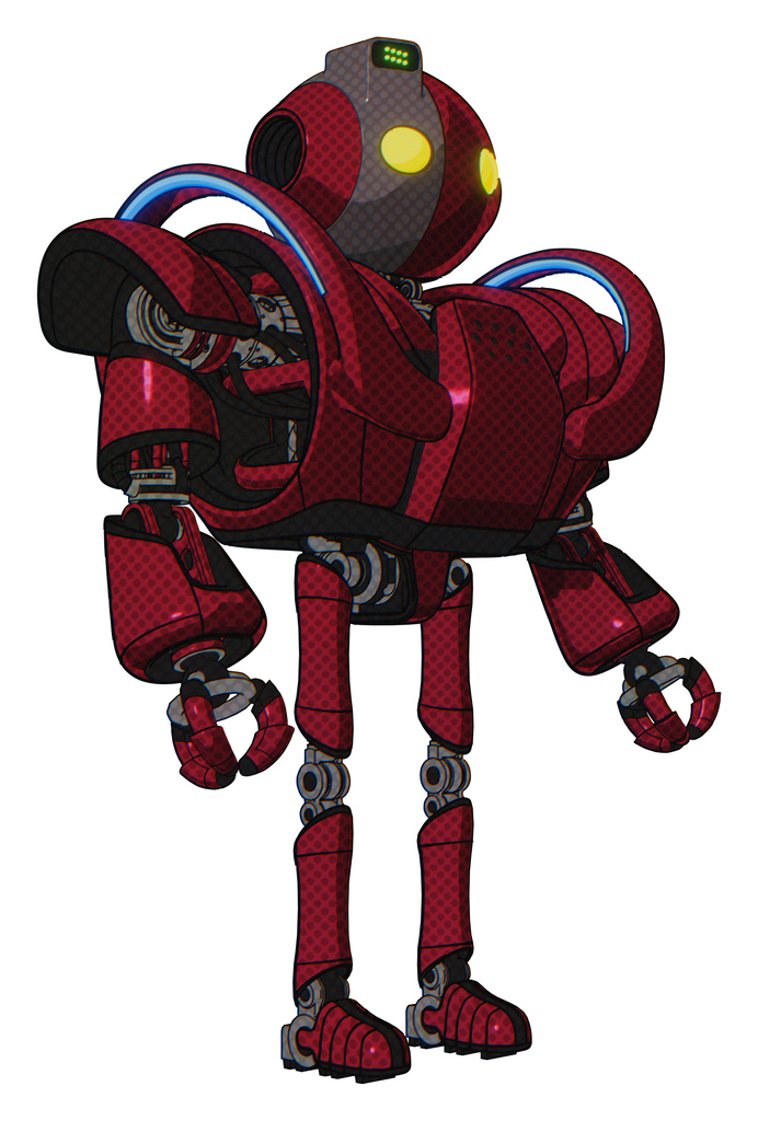 Mech containing oval wide head and yellow eyes and green led ornament and heavy upper chest and heavy mech chest and battle mech chest and ultralight foot exosuit. Fire engine red halftone.