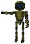 Droid containing digital display head and woo expression and light chest exoshielding and prototype exoplate chest and ultralight foot exosuit. Grunge army green. Arm out holding invisible object..