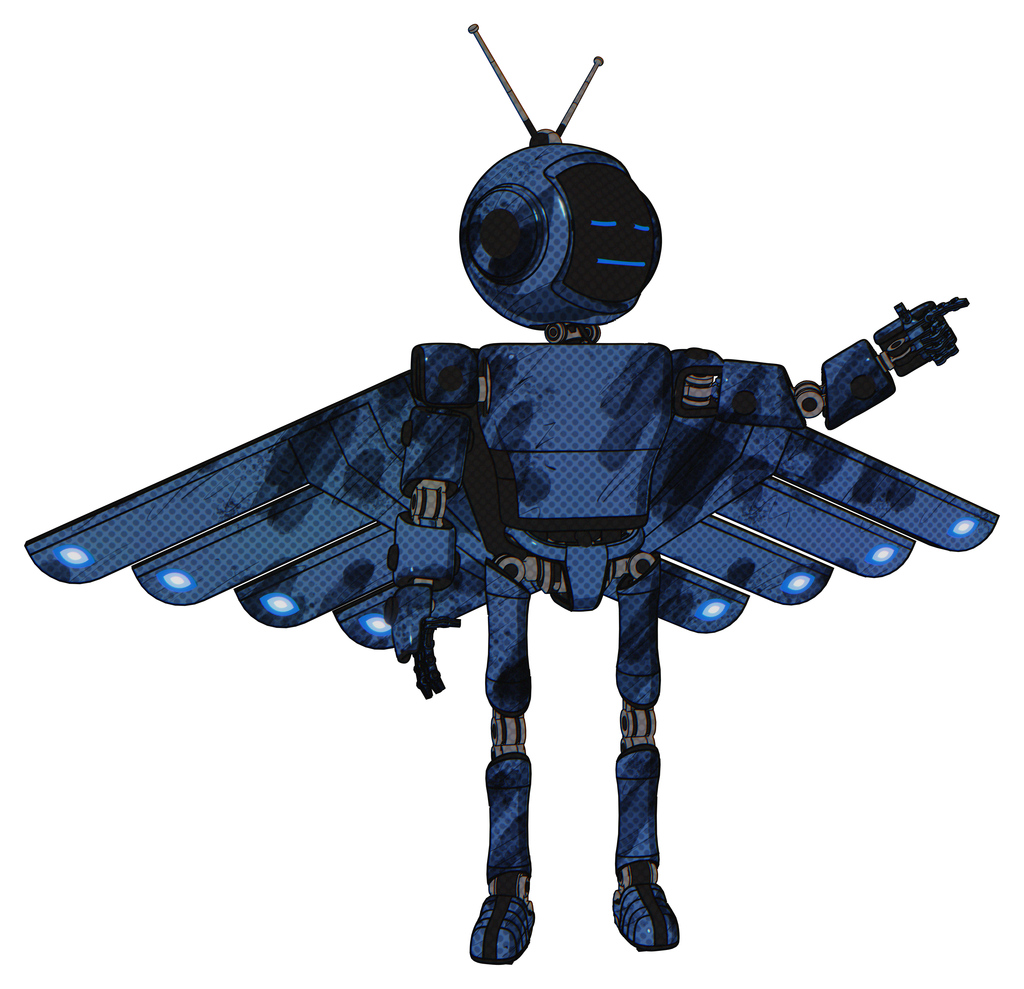 Bot containing digital display head and sleeping face and retro antennas and light chest exoshielding and prototype exoplate chest and cherub wings design and ultralight foot exosuit.