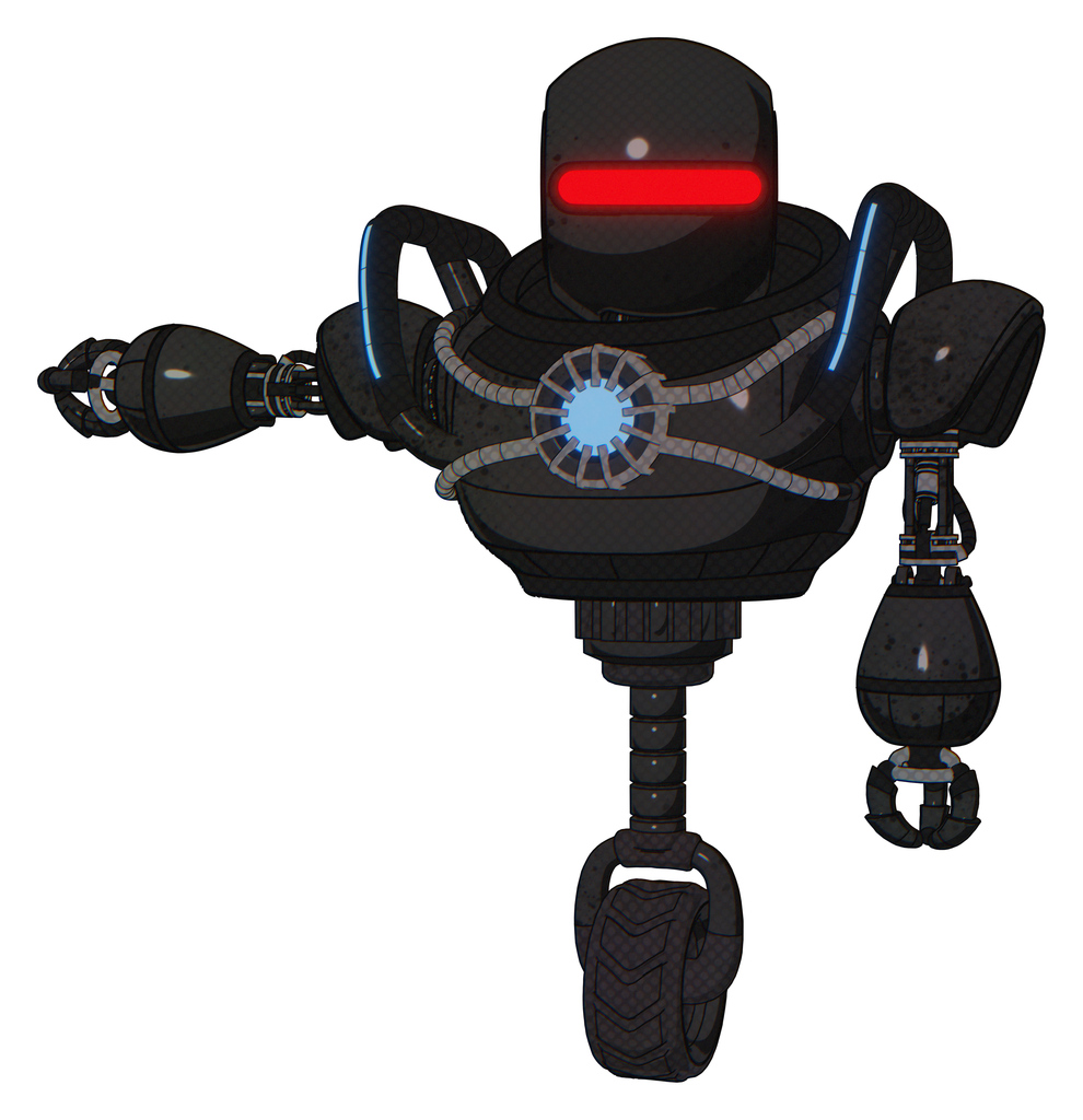 Cyborg containing round head and horizontal red visor and heavy upper chest and chest blue energy core and blue strip lights and unicycle wheel. Dirty black. Arm out holding invisible object..