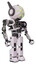 Bot containing round head and green eyes array and head winglets and heavy upper chest and no chest plating and prototype exoplate legs. White halftone toon. Facing left view.