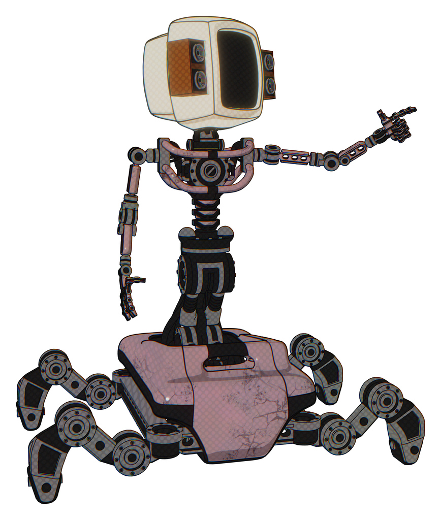 Cyborg containing old computer monitor and old retro speakers and light chest exoshielding and no chest plating and insect walker legs. Grayish pink. Pointing left or pushing a button..