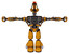 Automaton containing dual retro camera head and laser gun head and heavy upper chest and no chest plating and light leg exoshielding. Primary yellow halftone. T-pose.