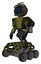Cyborg containing digital display head and wide smile and led and protection bars and light chest exoshielding and prototype exoplate chest and rocket pack and six-wheeler base. Grunge army green.