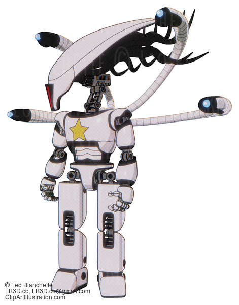 Android Containing Flat Elongated Skull Head And Cables And Light Chest Exoshielding And Yellow Star And Blue-Eye Cam Cable Tentacles And Prototype Exoplate Legs. White Halftone Toon. #17731