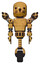 Automaton containing round head and light chest exoshielding and prototype exoplate chest and minigun back assembly and unicycle wheel and cat face. Construction yellow halftone. Front view.