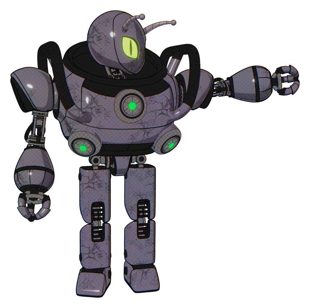 Automaton containing grey alien style head and cat's eyes and bug antennas and heavy upper chest and chest green energy cores and prototype exoplate legs. Light lavender metal.