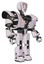 Droid containing humanoid face mask and binary war paint and heavy upper chest and heavy mech chest and prototype exoplate legs. White halftone toon. Facing left view.