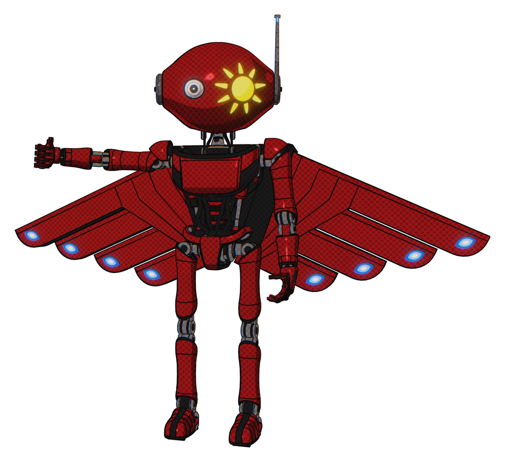 Mech containing oval wide head and sunshine patch eye and retro antenna with light and light chest exoshielding and ultralight chest exosuit and cherub wings design and ultralight foot exosuit.