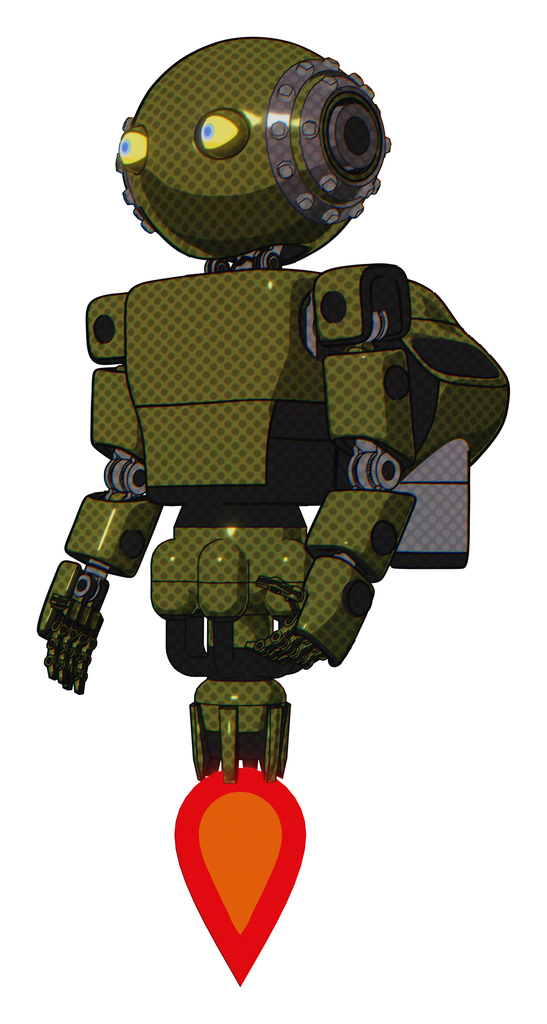 Robot containing oval wide head and yellow eyes and steampunk iron bands with bolts and light chest exoshielding and prototype exoplate chest and rocket pack and jet propulsion. Army green halftone.
