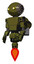 Robot containing oval wide head and yellow eyes and steampunk iron bands with bolts and light chest exoshielding and prototype exoplate chest and rocket pack and jet propulsion. Army green halftone.