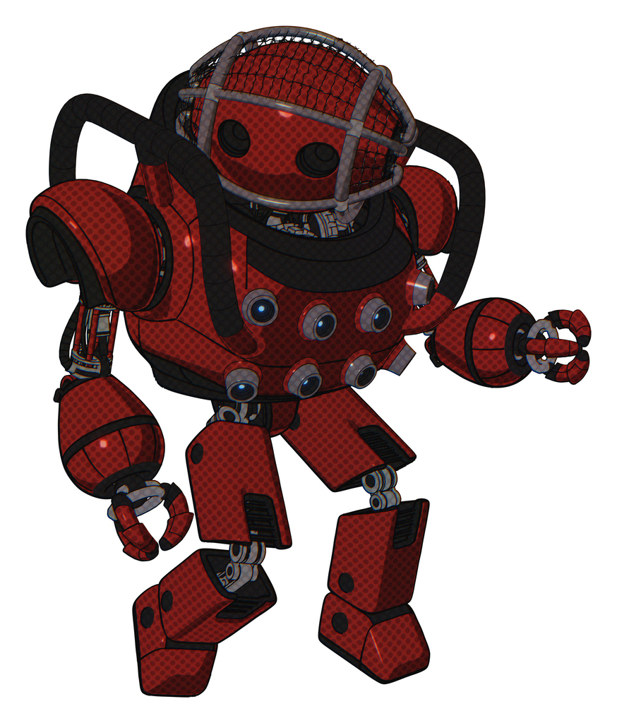 Mech containing oval wide head and barbed wire cage helmet and heavy upper chest and chest energy sockets and prototype exoplate legs. Matted red. Fight or defense pose..