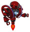 Automaton containing oval wide head and steampunk iron bands with bolts and heavy upper chest and heavy mech chest and spectrum fusion core chest and jet propulsion. Dark red. Fight or defense pose..