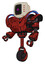 Automaton containing old computer monitor and magenta symbol display and red buttons and heavy upper chest and heavy mech chest and battle mech chest and unicycle wheel. Grunge dots cherry tomato red.