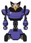 Robot containing bird skull head and red line eyes and robobeak design and heavy upper chest and six-wheeler base. Primary blue halftone. Front view.