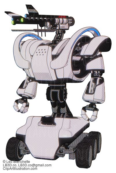 Android Containing Dual Retro Camera Head And Communications Array Head And Heavy Upper Chest And Heavy Mech Chest And Battle Mech Chest And Six-Wheeler Base. White Halftone Toon. #17772