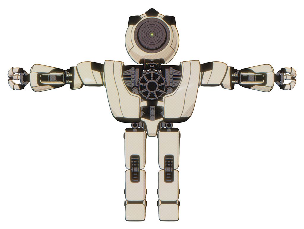 Android containing green dot eye corn row plastic hair and heavy upper chest and heavy mech chest and prototype exoplate legs. Off white toon. T-pose.