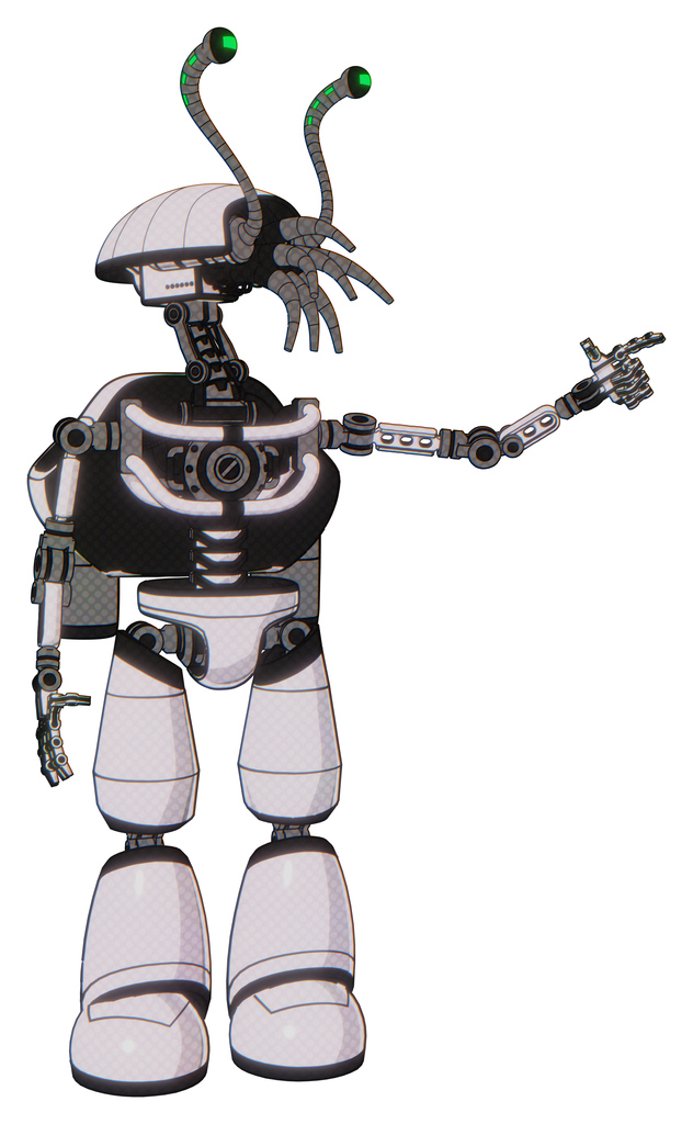 Cyborg containing dual retro camera head and shrimp head and light chest exoshielding and rocket pack and no chest plating and light leg exoshielding. White halftone toon.