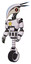 Mech containing bird skull head and red line eyes and head shield design and light chest exoshielding and yellow star and unicycle wheel. White halftone toon. Facing right view.