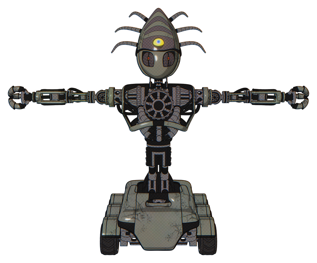 Mech containing grey alien style head and metal grate eyes and eyeball creature crown and heavy upper chest and no chest plating and six-wheeler base. Concrete grey metal. T-pose.
