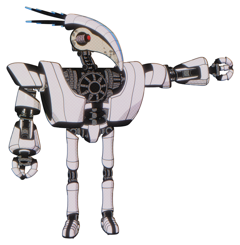 Cyborg containing bird skull head and yellow and green scope eyes and head shield design and heavy upper chest and heavy mech chest and ultralight foot exosuit. White halftone toon.