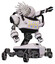 Bot containing round fiber optic connectors head and heavy upper chest and colored lights array and insect walker legs. White halftone toon. Hero pose.