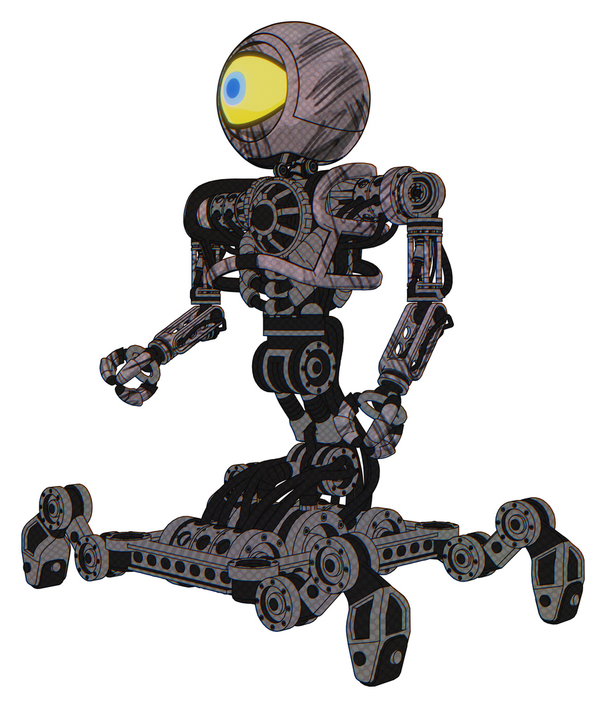 Cyborg containing giant eyeball head design and heavy upper chest and no chest plating and insect walker legs. Dark sketchy. Facing right view.