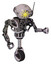 Droid containing oval wide head and sunshine patch eye and retro antenna with light and heavy upper chest and no chest plating and unicycle wheel. Grunge sketch dots. Fight or defense pose..