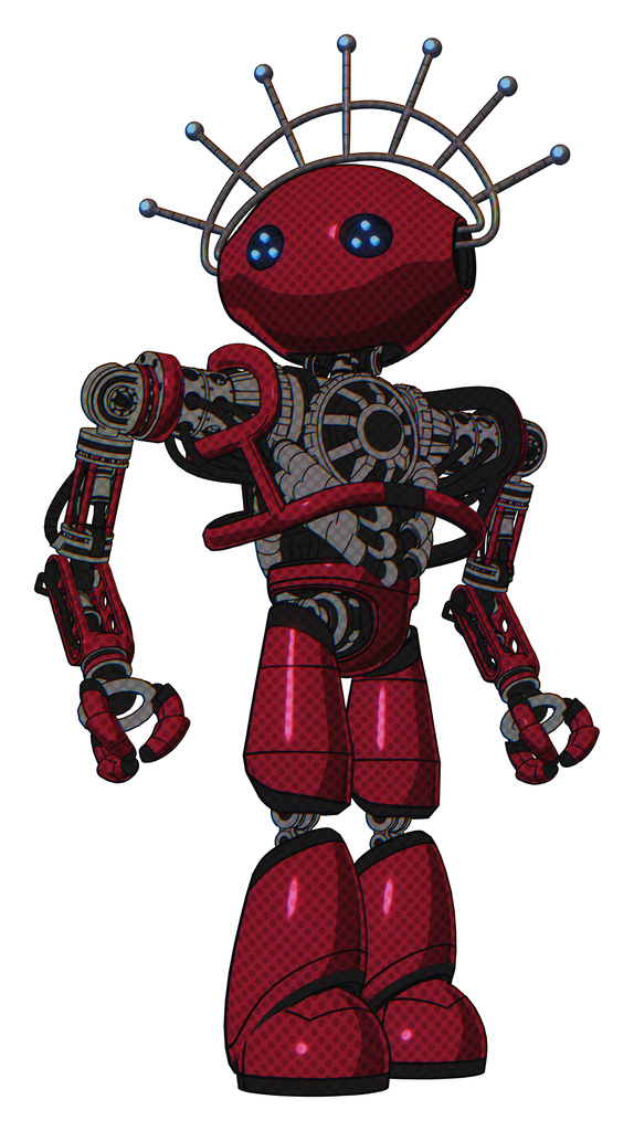 Robot containing oval wide head and blue led eyes and techno halo ornament and heavy upper chest and no chest plating and light leg exoshielding. Fire engine red halftone. Hero pose.
