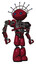 Robot containing oval wide head and blue led eyes and techno halo ornament and heavy upper chest and no chest plating and light leg exoshielding. Fire engine red halftone. Hero pose.