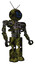Robot containing digital display head and blank-faced expression and retro antennas and heavy upper chest and no chest plating and prototype exoplate legs. Grunge army green. Facing left view.