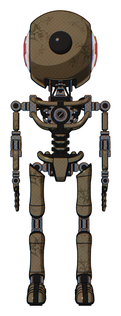 Cyborg containing round head and large cyclops eye and first aid emblem and light chest exoshielding and no chest plating and ultralight foot exosuit. Desert tan painted. Front view.