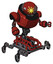 Bot containing oval wide head and sunshine patch eye and steampunk iron bands with bolts and heavy upper chest and insect walker legs. Cherry tomato red. Fight or defense pose..