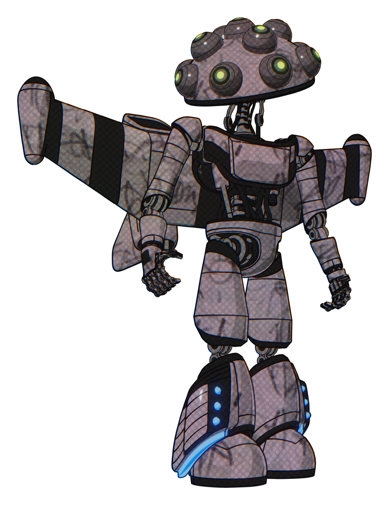 Automaton containing many robo-eye domehead design and light chest exoshielding and ultralight chest exosuit and stellar jet wing rocket pack and light leg exoshielding and megneto-hovers foot mod.