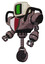Bot containing old computer monitor and three lines pixel design and heavy upper chest and red shield defense design and unicycle wheel. Dusty rose red metal. Facing right view.