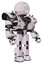 Bot containing dots array face and heavy upper chest and heavy mech chest and shoulder spikes and prototype exoplate legs. White halftone toon. Facing left view.