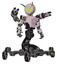 Robot containing grey alien style head and yellow eyes with blue pupils and bug antennas and light chest exoshielding and prototype exoplate chest and minigun back assembly and insect walker legs.