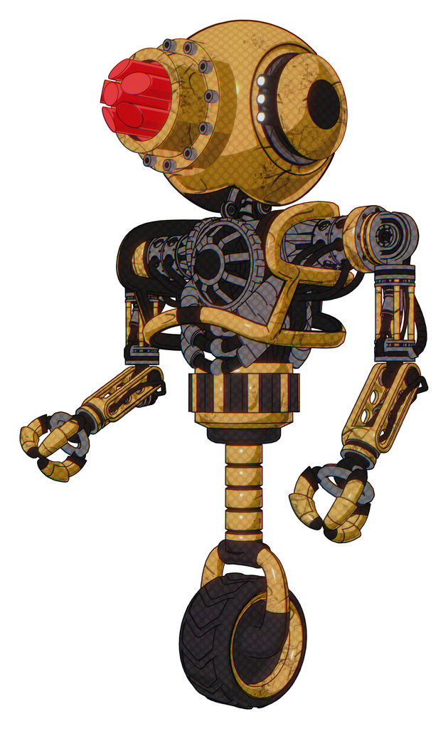 Android containing round head and red laser crystal array and head light gadgets and heavy upper chest and no chest plating and unicycle wheel. Construction yellow halftone. Facing right view.