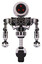 Bot containing three led eyes round head and heavy upper chest and no chest plating and unicycle wheel. White halftone toon. Front view.