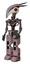 Robot containing bird skull head and red led circle eyes and head shield design and light chest exoshielding and no chest plating and prototype exoplate legs. Powder pink metal. Facing right view.