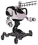 Robot containing dual retro camera head and wireless internet transmitter head and heavy upper chest and insect walker legs. White halftone toon. Interacting.