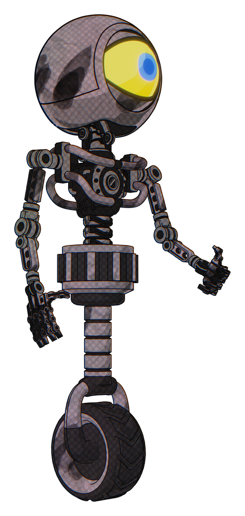 Automaton containing giant eyeball head design and light chest exoshielding and no chest plating and unicycle wheel. Sketch pad wet ink smudge. Facing left view.