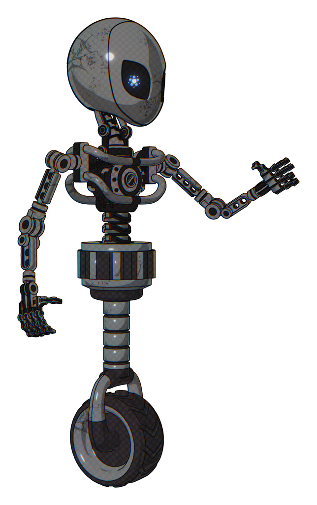 Mech containing grey alien style head and electric eyes and light chest exoshielding and no chest plating and unicycle wheel. Patent concrete gray metal. Interacting.