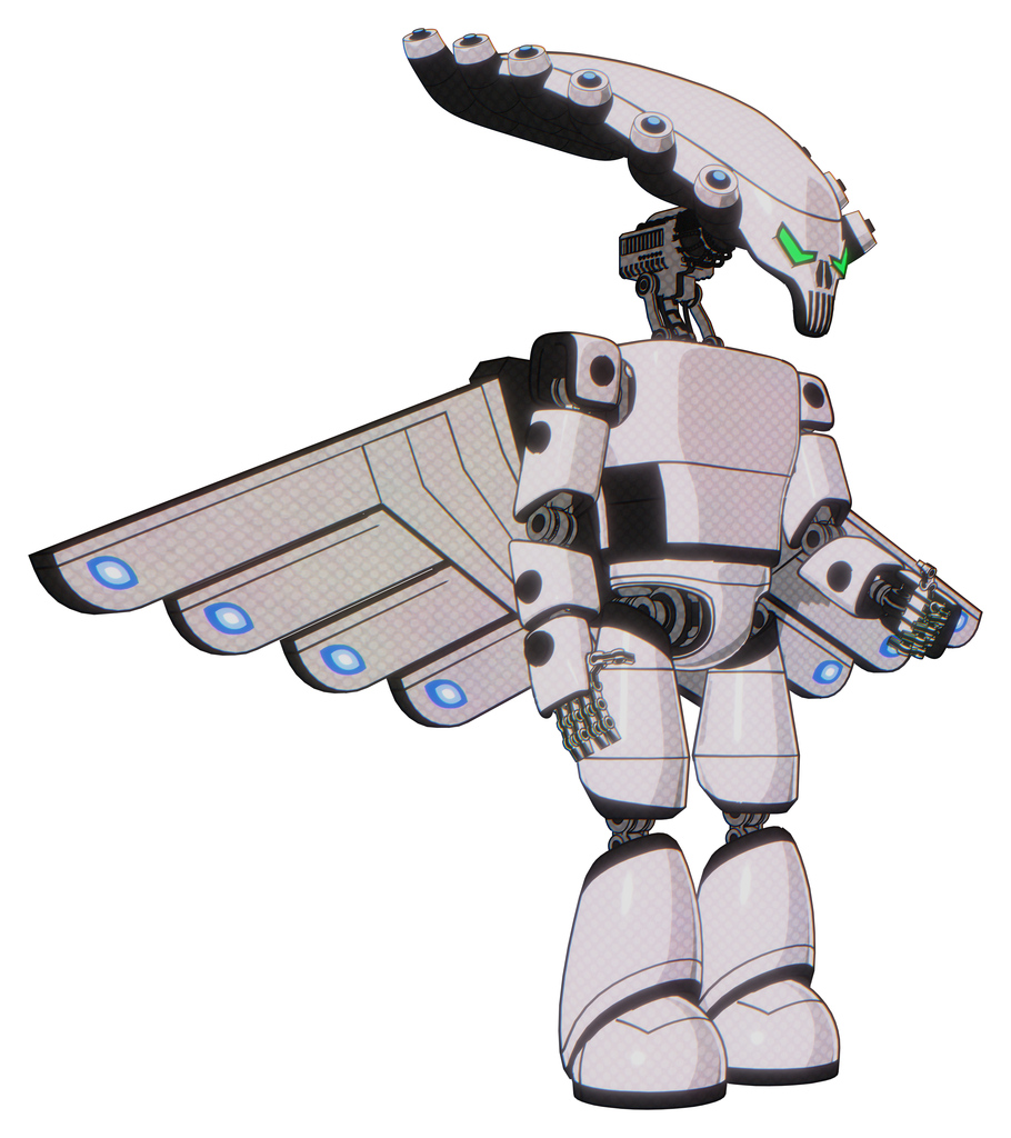 Mech containing flat elongated skull head and light chest exoshielding and prototype exoplate chest and cherub wings design and light leg exoshielding. White halftone toon. Facing left view.