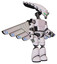 Mech containing flat elongated skull head and light chest exoshielding and prototype exoplate chest and cherub wings design and light leg exoshielding. White halftone toon. Facing left view.