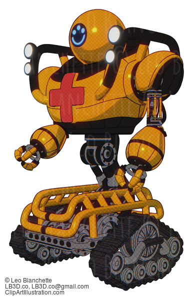 Android Containing Dual Retro Camera Head And Happy 3 Eyes Round Head And Heavy Upper Chest And First Aid Chest Symbol And Shoulder Headlights And Tank Tracks. Primary Yellow Halftone. #17855